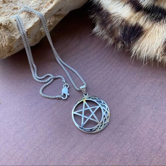 Celtic Crescent Moon And Star Sterling Silver Necklace Popcorn Chain - Picture 5 of 7